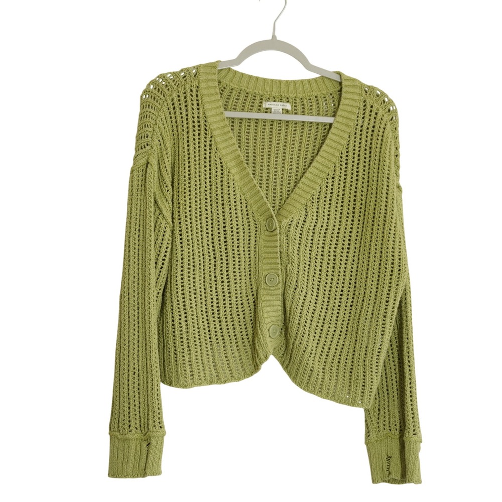 American Eagle Small Sage Green Open Knit Cropped Cardigan Sweater Distressed